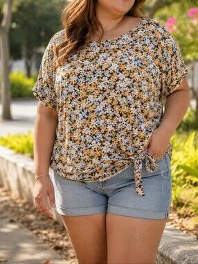 NWT MyStyle Plus Size Yellow Blue Floral Tie-Hem Tunic Top | Soft Stretch Summer